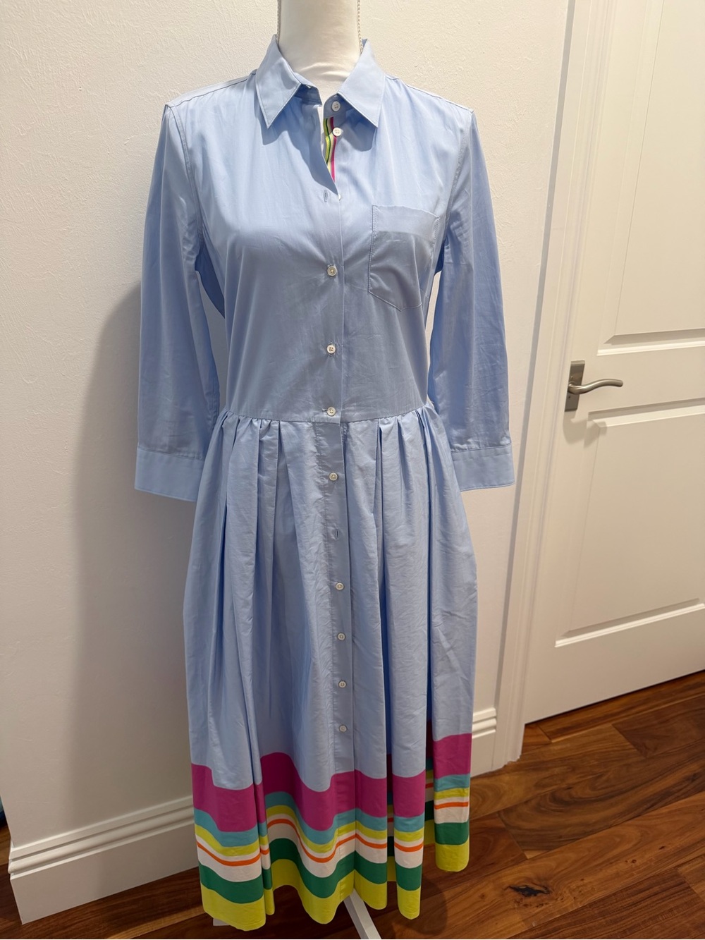 Sara Roka Light Blue Shirt Dress with Multicolor Hem